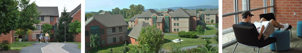 Students on path by residence Hall, Aerial view of the Village student housing, A student studying in common area
